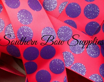 NEW--1.5 inch wide Grosgrain Ribbon--3 Yards----Glitter Silly Dots Shocking Pink with Purple----USA Designer