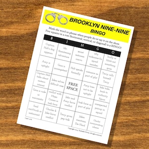 Brooklyn Nine-Nine Bingo game, TV television watch party, fan-tested party game, Brooklyn 99, printable