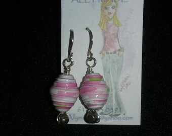 Fun playfull handmade pink dangle paper bead earings