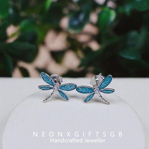 Enamel Blue Damselfly Stud Earrings - S925 Sterling Silver Insect Jewelry