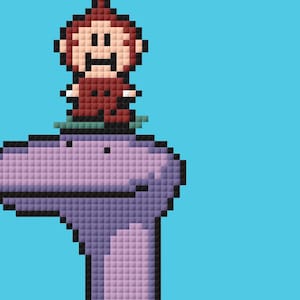 May include: A pixelated illustration of a purple, long-necked creature with a small, red, pixelated monkey sitting on its head. The creature is in the water, with blue pixelated waves around it.