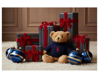 Può includere: Un orsacchiotto con un maglione blu navy con un logo rosso è seduto tra regali avvolti e ornamenti blu e oro. I regali sono avvolti in carta a righe e legati con fiocchi di velluto rosso. Gli ornamenti hanno strisce dorate e il nome "Lauren".