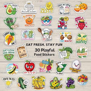 Playful Food Stickers | 30 Healthy Living and Fun Quotes | Digital Download PNG