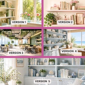 Può includere: Un collage di cinque scene di interior design. Ogni scena presenta librerie, piante e oggetti decorativi. Le scene variano nello stile, da un accogliente angolo lettura a un moderno spazio ufficio con ampie finestre e vista sull'oceano.