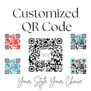 Puede incluir: Un gráfico que muestra cinco códigos QR diferentes. Los códigos QR son en blanco y negro, rojo y azul. El texto "Código QR personalizado" está en la parte superior de la imagen. El texto "Tu estilo, tu elección" está en la parte inferior de la imagen.