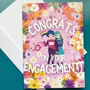 Félicitations pour vos fiançailles ! Carte de voeux de 5 x 7 pouces avec blanc à la peau pâle, cheveux bleus, couple de lesbiennes saphique WLW Pride LGBTQ+ Queer
