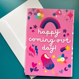 Carte de voeux Happy Coming Out Day 5 x 7 Bi Pride LGBTQ+ Bisexuel Rose Violet Bleu
