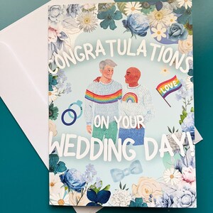 Congratulazioni per il giorno delle tue nozze! Biglietto di auguri da 5 x 7 pollici con coppia gay MLM di mezza età, bianca e dalla pelle chiara, orgoglio dello stesso sesso LGBTQ+ Queer