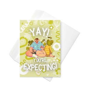 Green Gay Couple Expecting 5x7 Greeting card Trans couple Surrogacy Trans masc men Pregnancy male LGBTQ+ Queer