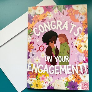 Félicitations pour vos fiançailles couple afro-noir 5 x 7 pouces Lesbian Sapphic WLW Pride Carte de voeux LGBTQ+ Queer Trans