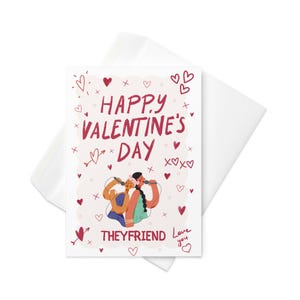 May include: A white Valentine's Day card with a matching envelope. The card features the text "HAPPY VALENTINE'S DAY" in red, along with illustrations of hearts and two people singing into microphones. The words "THEYFRIEND Love you" are also present.