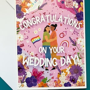 Herzlichen Glückwunsch zum Hochzeitstag! Women of Color Braun enthäutetes Paar 5 x 7 Zoll LGBTQ+ Sapphic queer LGBTQ+ Pride Grußkarte