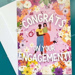 Félicitations pour vos fiançailles, 5 x 7 pouces carte de voeux avec des femmes de couleur noir brun couple lesbienne saphique WLW fierté LGBTQ+ queer