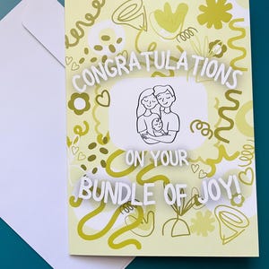 Congratulations on your Bundle of Joy! 5x7 Green Gender Neutral Greeting Card Lesbian Couple & baby Sapphic WLW Pride LGBTQ+ Queer