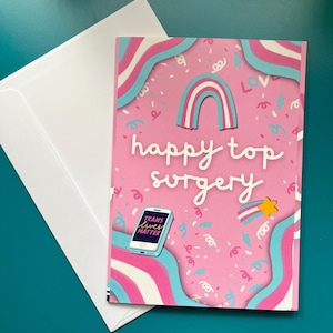 Happy Top Surgery 5 x 7 pollici Trans Pride Biglietto di auguri LGBTQIA+ Transgender Non Binary *ERRORE DI STAMPA*