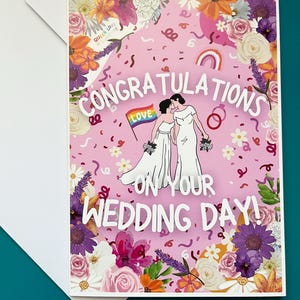 Congratulazioni per il giorno delle tue nozze! Coppia dalla pelle chiara 5 x 7 pollici Lesbian Sapphic WLW Pride Greeting Card LGBTQ+ Queer Due spose in abito