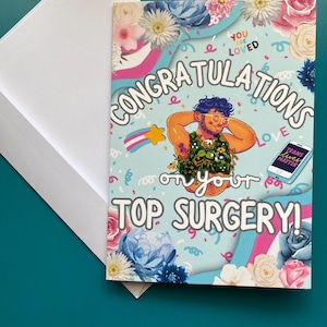 Felicitaciones por su cirugía superior Tarjeta de felicitación de orgullo trans de 5 x 7 pulgadas LGBTQIA+ Transgénero No binario Trans Masculino Cirugía de afirmación de género