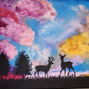 May include: Acrylic painting of a landscape with a blue sky, pink and yellow clouds, and black silhouettes of trees and deer. The artwork has a textured, brushstroke style.