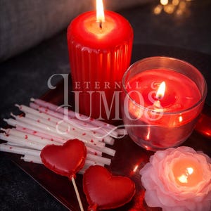 May include: A romantic still life featuring lit red candles of various shapes, including a large pillar candle and a glass-enclosed candle. Heart-shaped lollipops and a flower-shaped candle are also present, all arranged on a red tray.