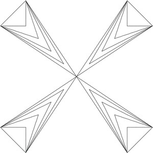 Op de afbeelding: Een zwart-wit geometrisch ontwerp met een herhalend patroon van overlappende driehoeken.
