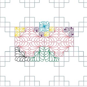 May include: A geometric design featuring a central pink floral pattern with teal, yellow, purple, green, and black accents. The design is set against a white background with a grid-like structure.