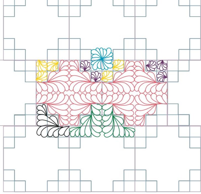 May include: A geometric design featuring a central pink floral pattern with teal, yellow, purple, green, and black accents. The design is set against a white background with a grid-like structure.