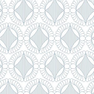 May include: A seamless pattern featuring a repeating design of stylised, overlapping circles with a diamond shape in the centre. The pattern is outlined in a light blue colour against a white background.