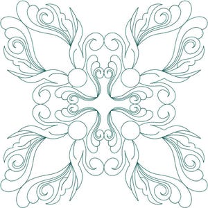 May include: A teal blue intricate design with a cross shape in the center. The design is made up of swirls and curves.