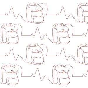 May include: A seamless pattern of red line drawings of backpacks with a wavy line behind each one.
