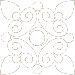 May include: A black and white line drawing of a decorative design with swirls and circles. The design is symmetrical and has a repeating pattern.