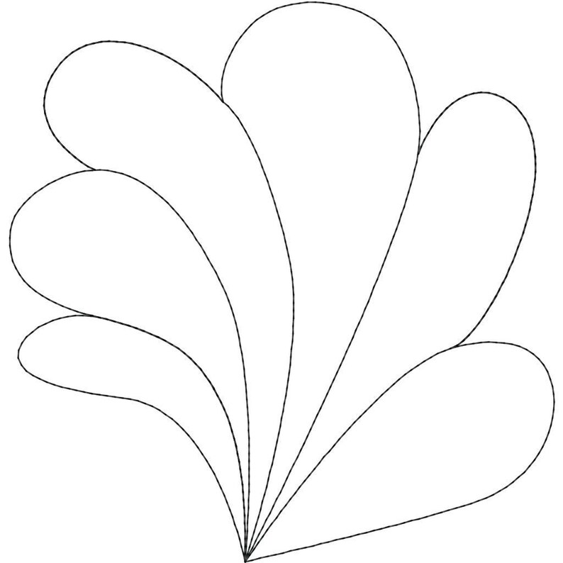 May include: A black and white line drawing of a stylized floral or leaf-like design. The image features a cluster of curved, teardrop-shaped elements radiating from a central point, creating a symmetrical, organic pattern.
