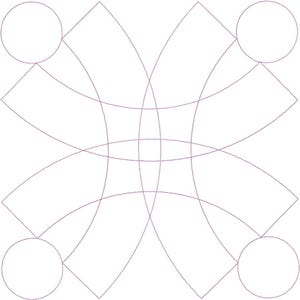 Pode incluir: Um desenho geométrico em preto e branco com quatro círculos e linhas curvas formando um padrão simétrico.