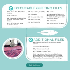 May include: A teal and white graphic listing file formats for quilting software, including DXF, JPG, PDF, and SVG. The image is divided into two sections, "EXECUTABLE QUILTING FILES" and "ADDITIONAL FILES". The website QuiltyQuill.com is also displayed.