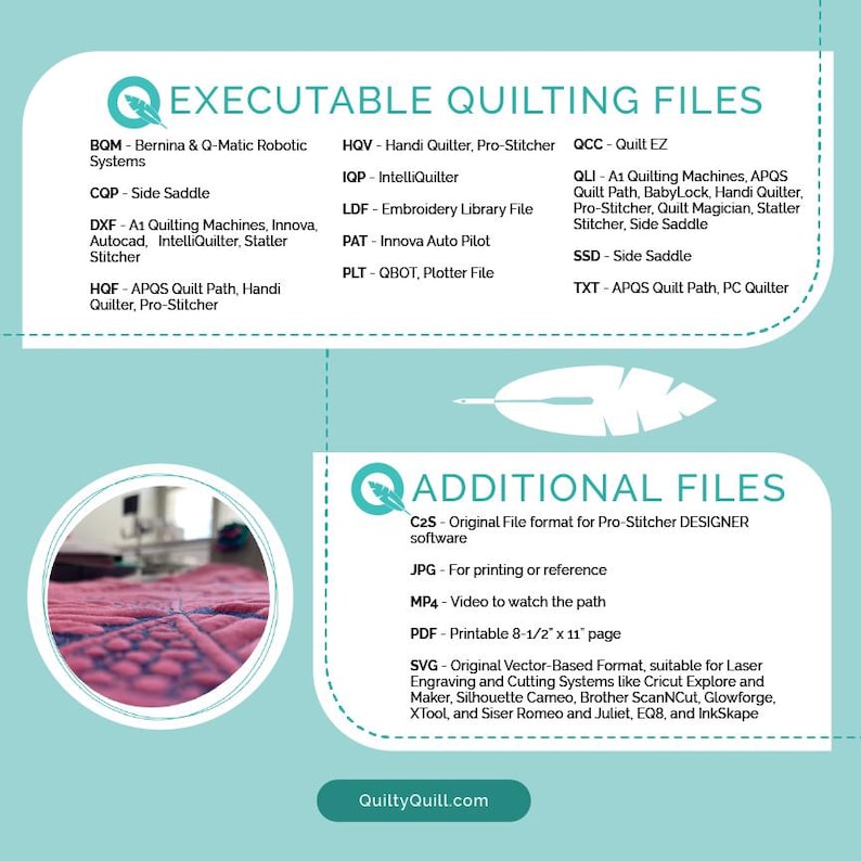May include: A teal and white graphic listing file formats for quilting software, including DXF, JPG, PDF, and SVG. The image is divided into two sections, "EXECUTABLE QUILTING FILES" and "ADDITIONAL FILES". The website QuiltyQuill.com is also displayed.