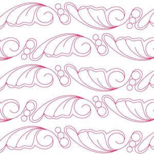 Könnte beinhalten: Ein nahtloses Muster aus rosa floralen Designs auf weißem Hintergrund. Das Muster zeigt stilisierte Blätter und Wirbel, die einen zarten und eleganten Look erzeugen.