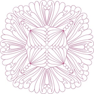 Pode incluir: Um design circular simétrico em um tom roxo-avermelhado suave. O design apresenta elementos florais e foliares estilizados que irradiam de um quadrado central, com detalhes de contas e linhas curvas. A estética geral é ornamentada e decorativa.