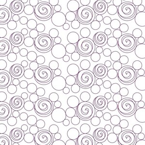 May include: A repeating pattern of purple swirls and circles on a white background. The design features various sizes of circles, some with spiral centers, creating a dynamic and visually interesting texture. The overall effect is clean and modern.