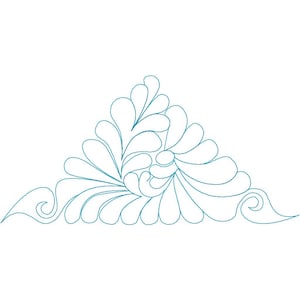 May include: A blue outline of a stylized floral design in the shape of a triangle. The design features a series of curved lines and swirls.