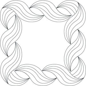 Puede incluir: Diseño de arte de línea en blanco y negro de un marco cuadrado con un patrón ondulado y fluido. El marco está formado por cuatro líneas curvas que crean un diseño continuo y fluido.