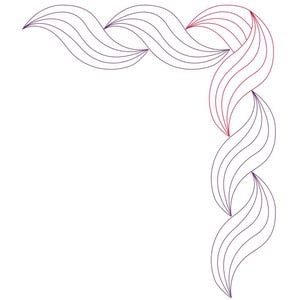 May include: A corner design with a series of overlapping, wavy lines in purple and red.