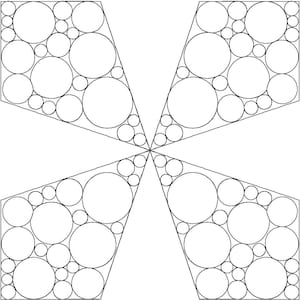 Puede incluir: Un diseño geométrico en blanco y negro con cuatro secciones simétricas. Cada sección presenta una serie de círculos superpuestos de diferentes tamaños, creando un patrón de círculos concéntricos.