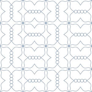 May include: A repeating pattern of interconnected shapes and circles in a light blue hue against a white background. The design features a symmetrical arrangement of curved lines and circular elements, creating a visually appealing and intricate pattern.