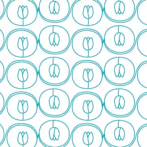 Puede incluir: Un patrón sin costuras con un diseño repetitivo de tulipes azules delineados dentro de círculos. El fondo es blanco.