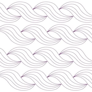 May include: A repeating pattern of stylized waves in a dark purple hue against a white background. The design features curved lines that create a flowing, rhythmic visual effect, suitable for various decorative applications.