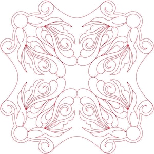 May include: A red line drawing of a symmetrical design with intricate swirls and curves. The design is reminiscent of a traditional quilt pattern.