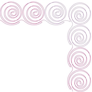 Puede incluir: Un fondo blanco con un diseño decorativo de líneas arremolinadas. Las líneas son en tonos de morado y magenta, formando un patrón de espirales conectadas. El diseño está en las esquinas superior izquierda e inferior derecha.