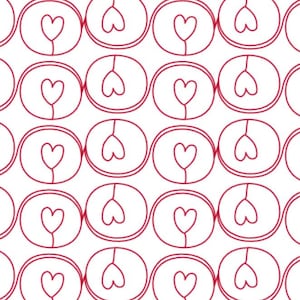 Puede incluir: Un patrón sin costuras de corazones rojos dentro de círculos rojos, con los círculos superpuestos y formando un diseño continuo.