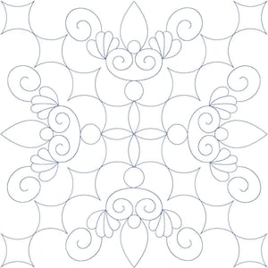 May include: A black and white line drawing of a symmetrical design with a repeating pattern of swirls and loops. The design is reminiscent of a snowflake or a flower.