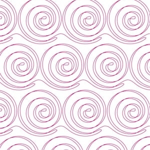 Pode incluir: Um padrão repetitivo de formas espirais e rodopiantes em um magenta profundo, contra um fundo branco limpo. As linhas contínuas criam um design fluido em forma de onda, adequado para tecido ou papel de parede.
