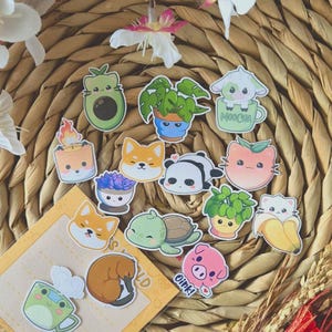 Kawaii Mini Sticker Pack – 15 Cute Animal & Plant Stickers, Tiny Aesthetic Vinyl Stickers for Journal, Planner and Laptop